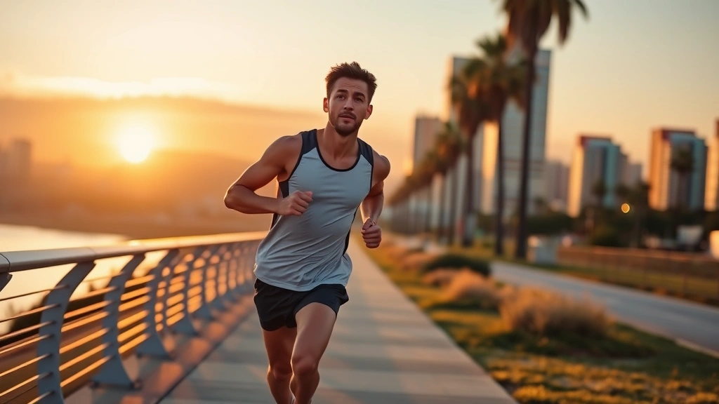 Athletic person jogging along scenic LA pathway at sunrise, energized posture, urban landscape background, golden morning light, health-focused movement, determined expression