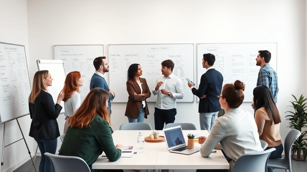 Diverse group of professionals in collaborative meeting room brainstorming together, whiteboards with strategic planning, engaged body language, modern minimalist design, natural lighting