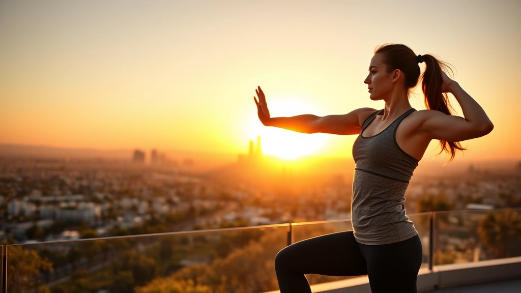 Individual in athletic wear during morning workout or movement practice, sunrise backdrop over LA cityscape, energized and focused, photorealistic wellness imagery