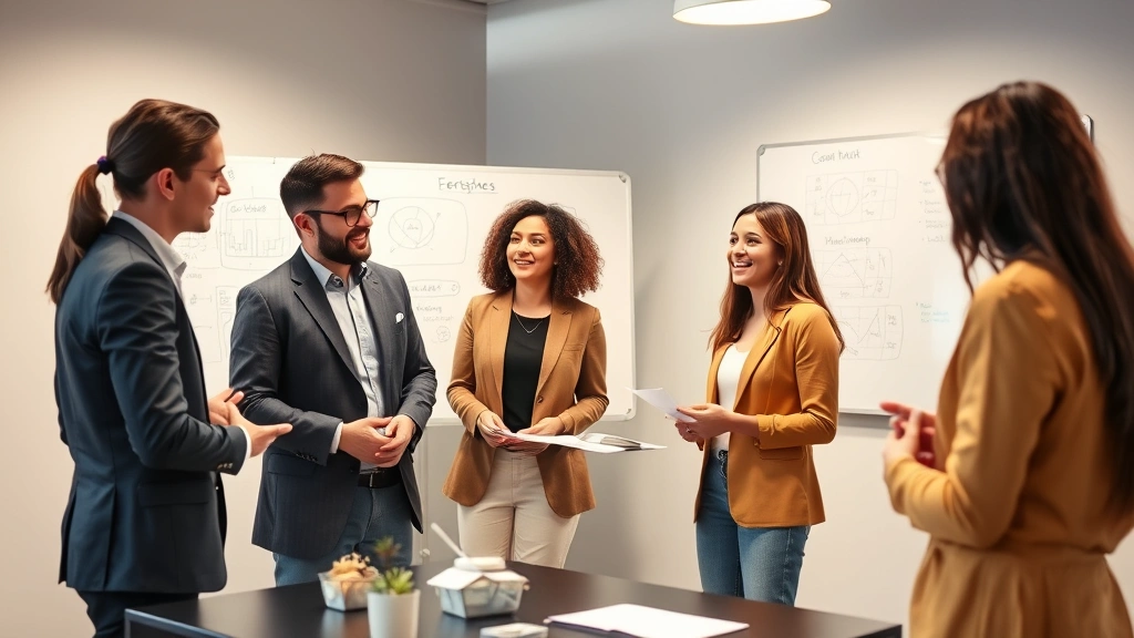 Group of diverse professionals in collaborative meeting discussing strategy, engaged conversation, modern minimalist conference room, whiteboards with goal diagrams visible in background