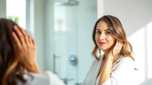 Professional woman in modern bathroom examining her reflection with confident expression, natural lighting from window, minimalist aesthetic, showing healthy scalp and hair texture