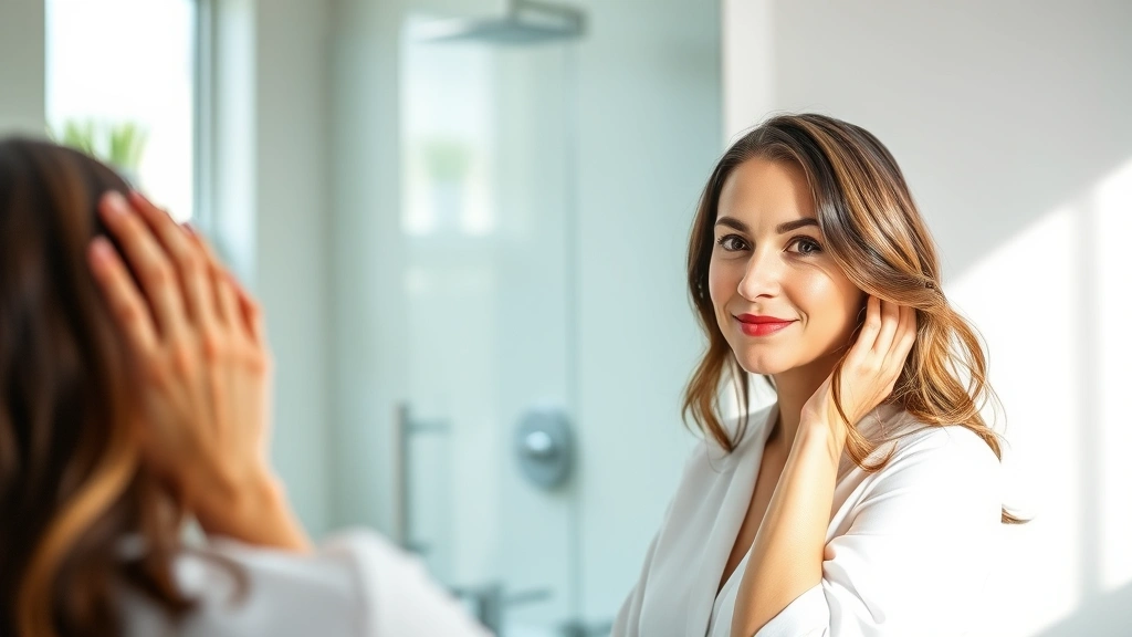 Professional woman in modern bathroom examining her reflection with confident expression, natural lighting from window, minimalist aesthetic, showing healthy scalp and hair texture
