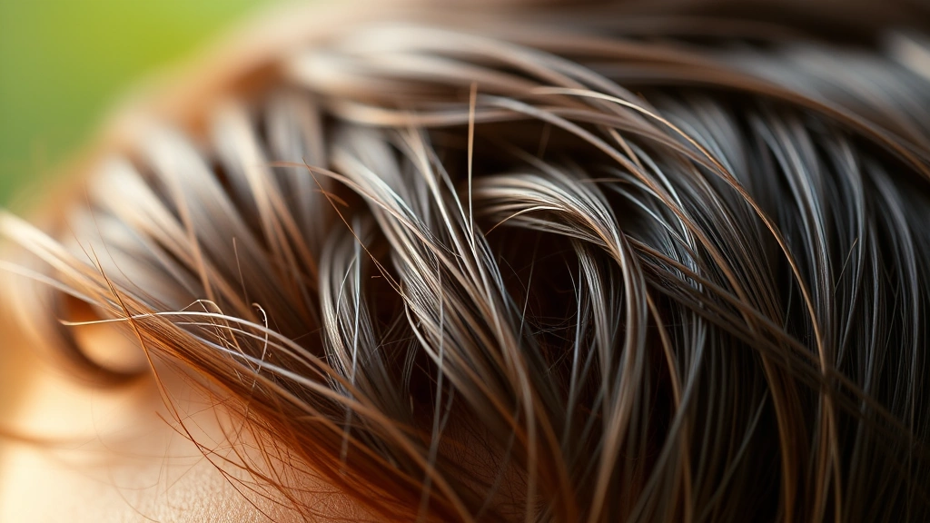 Close-up of scalp with healthy hair follicles and strong hair strands, macro photography style, warm natural lighting, showing hair density and growth