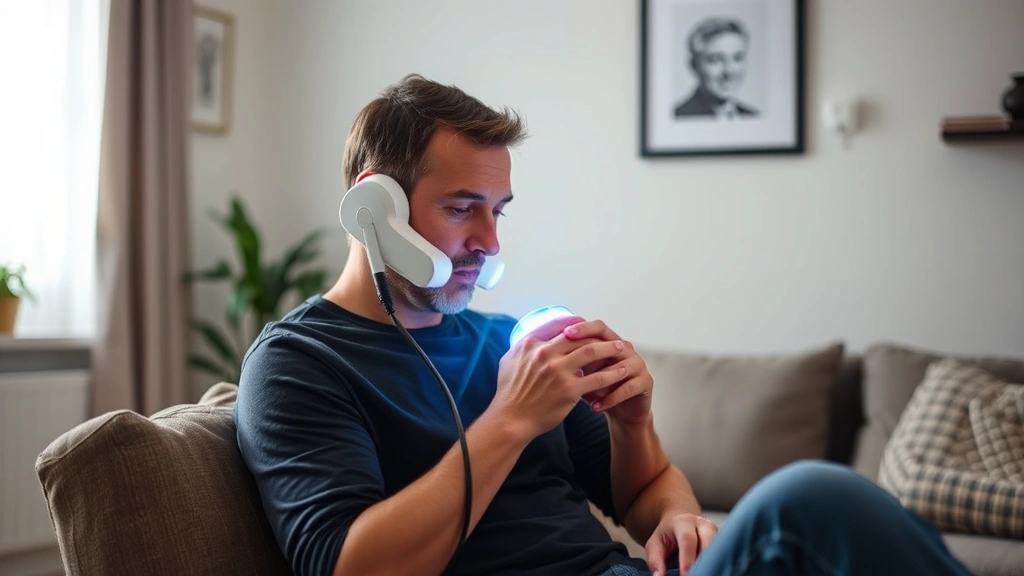 Person using advanced laser therapy device on scalp at home, sitting comfortably in well-lit room, demonstrating proper treatment technique, clinical yet accessible environment
