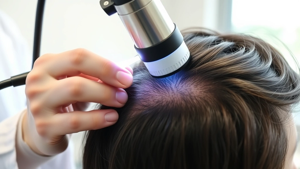 Professional dermatologist examining patient's scalp with advanced medical laser device in modern clinic setting, natural lighting, close-up of hair follicles and scalp health assessment