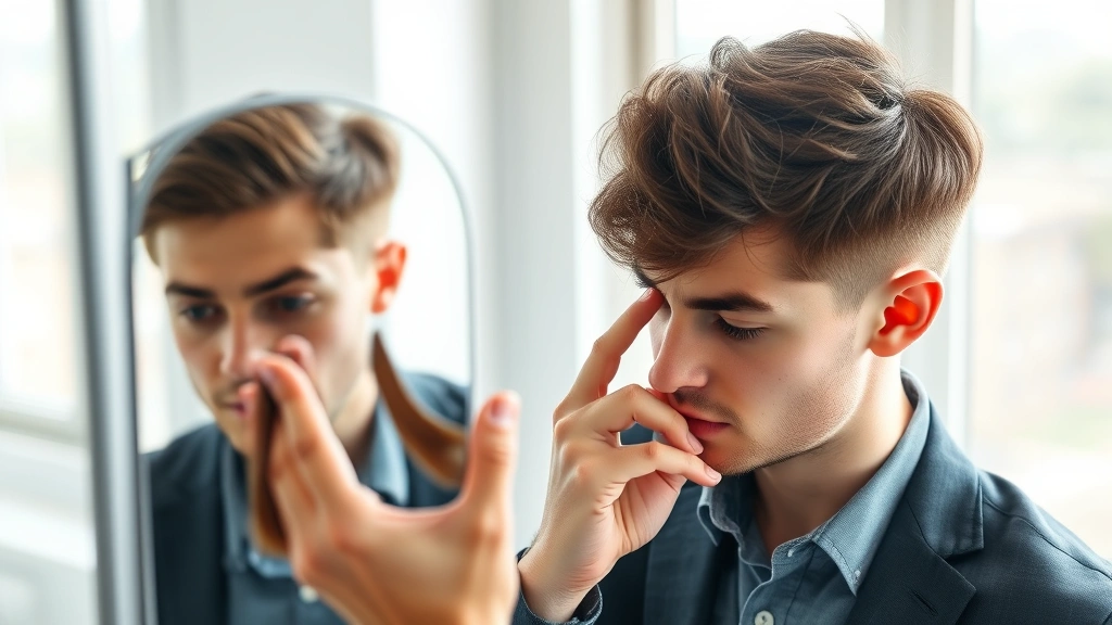 Young professional examining their scalp reflection showing visible hair regrowth and improved density, natural light from window, realistic hair growth progress demonstration