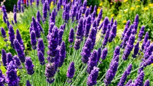 A lush Mediterranean garden with vibrant purple lavender plants in full bloom, sunlight streaming across the garden bed with green foliage visible, natural daylight photography, photorealistic garden landscape, no text or labels