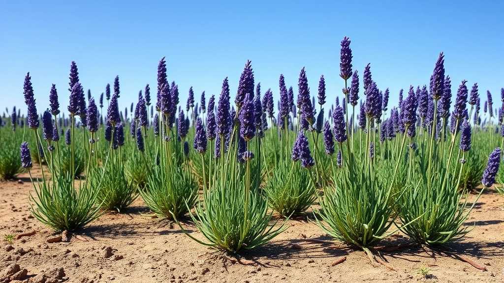Wide garden view showing multiple established lavender plants thriving in well-draining soil with visible garden bed structure, blue sky background, natural daylight, professional garden photography style, no text