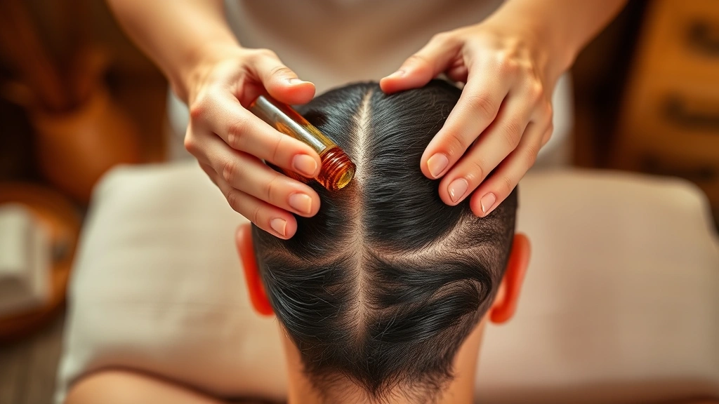 Hands massaging a healthy scalp with oil, demonstrating proper application technique, warm lighting emphasizing circulation and nourishment, serene spa-like atmosphere, no text visible