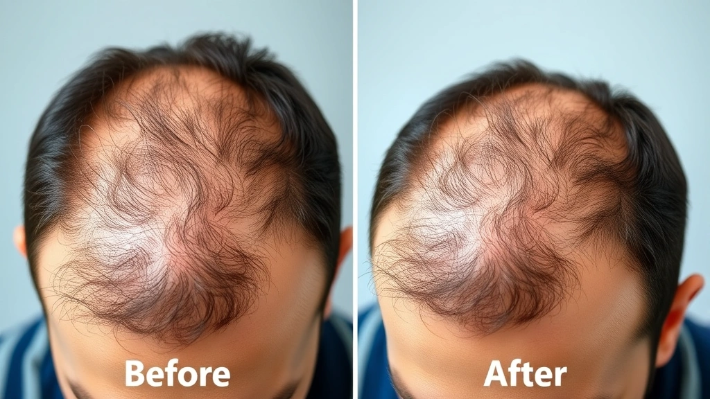 Before and after hair growth visualization through close-up scalp photography showing increased hair density and new growth, professional dermatological style imaging, natural lighting, no text or labels