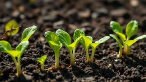 Vibrant green lettuce seedlings sprouting in rich, dark loam soil with water droplets glistening on tender leaves, bright natural sunlight illuminating the growth, close-up macro photography showing soil texture and root development, photorealistic and inspiring.