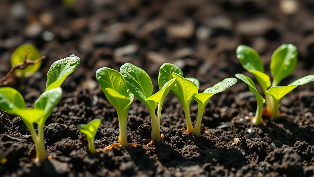 Vibrant green lettuce seedlings sprouting in rich, dark loam soil with water droplets glistening on tender leaves, bright natural sunlight illuminating the growth, close-up macro photography showing soil texture and root development, photorealistic and inspiring.