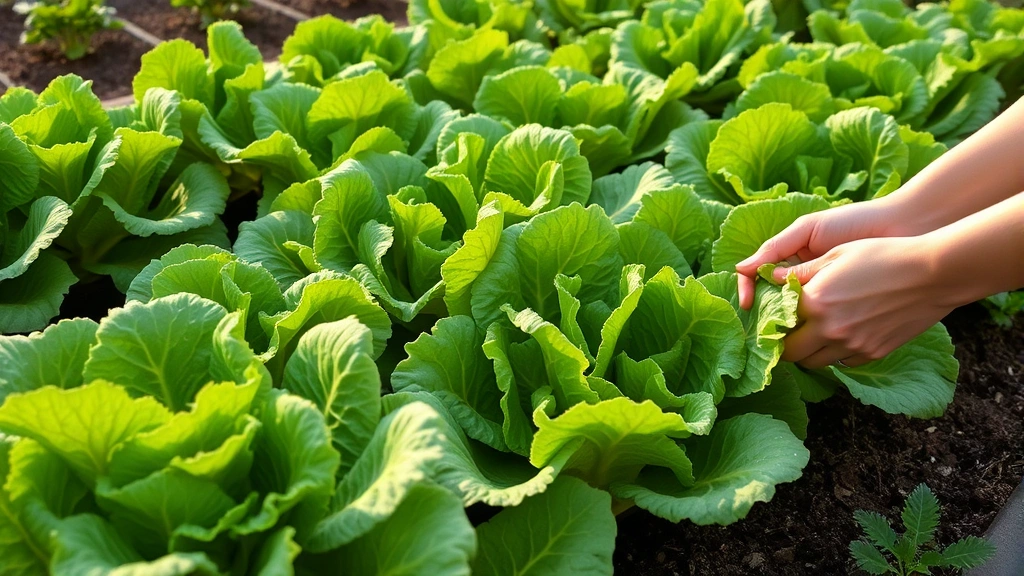Mature lettuce plants with full, crisp green leaves in a well-organized garden bed, morning dew on leaves, hands gently harvesting outer leaves, soft morning light creating peaceful gardening atmosphere, showing healthy vigorous growth.