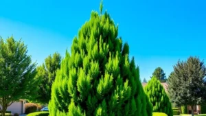 A vibrant, healthy Leyland Cypress tree in full sunlight with dense pyramidal form and rich green foliage, showing robust growth against a clear blue sky in a residential landscape setting