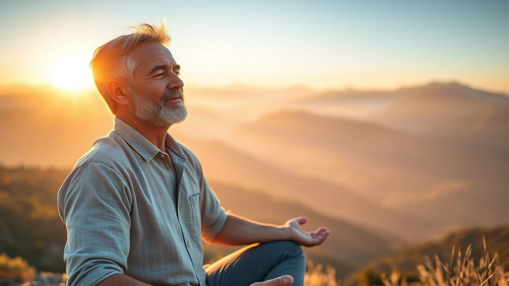 A middle-aged father meditating at sunrise on a mountain overlook, peaceful expression, surrounded by nature, golden morning light illuminating his face, embodying inner strength and personal reflection