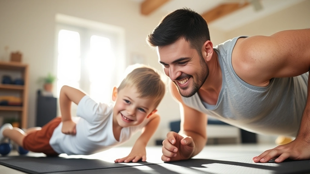 A father and young child doing push-ups together in a home gym, both smiling with effort, natural sunlight streaming through windows, showing physical growth and family bonding through healthy habits