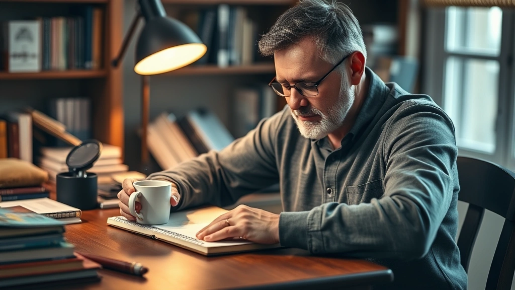 A father writing in a journal at a wooden desk with a cup of coffee, focused expression, warm lamp lighting, surrounded by books and growth-oriented materials, capturing intentional self-reflection and planning