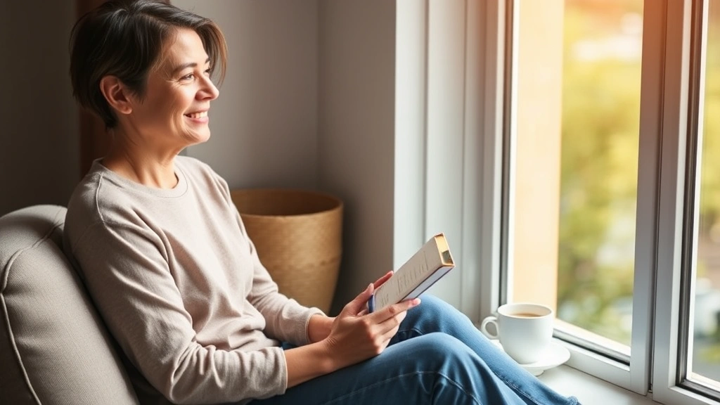 Person sitting peacefully by a window with morning sunlight, holding a journal and pen, reflecting calmly with a gentle smile and coffee cup nearby, representing mindful progress and self-reflection in personal development