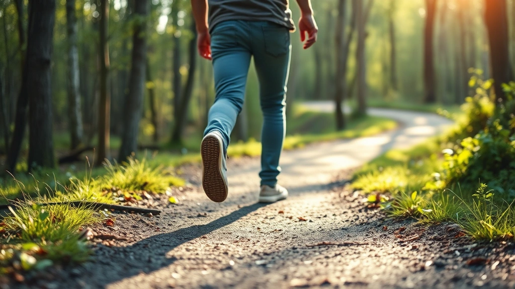 Someone taking a small step forward on a winding path through nature, surrounded by trees and soft natural light, showing incremental progress and sustainable growth journey with peaceful determination