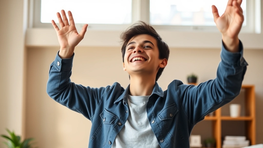 Individual celebrating a small achievement indoors with genuine joy and raised hands, natural lighting through windows, showing happiness from modest wins and positive reinforcement in personal growth