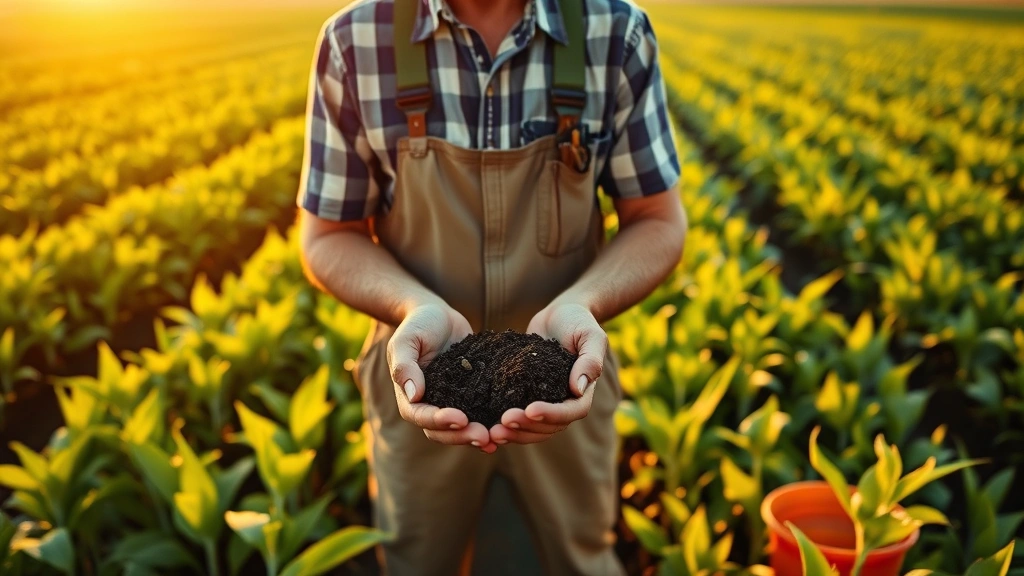 A farmer in work clothes stands in a vibrant green field at sunrise, examining soil in their hands with focused determination and professional confidence, warm morning light illuminating healthy crop growth around them