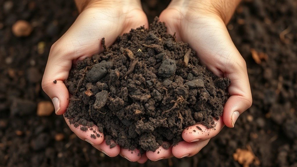 Close-up of rich, dark, crumbly soil with visible organic matter and small roots, hands holding the soil showing its quality and structure, natural daylight highlighting soil health and fertility