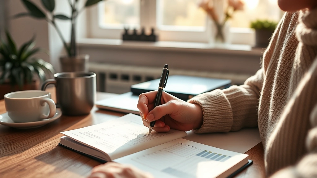 Person writing in journal tracking daily progress, natural morning light, peaceful home office, coffee cup nearby, focused expression, notebook showing checkmarks and metrics, warm aesthetic