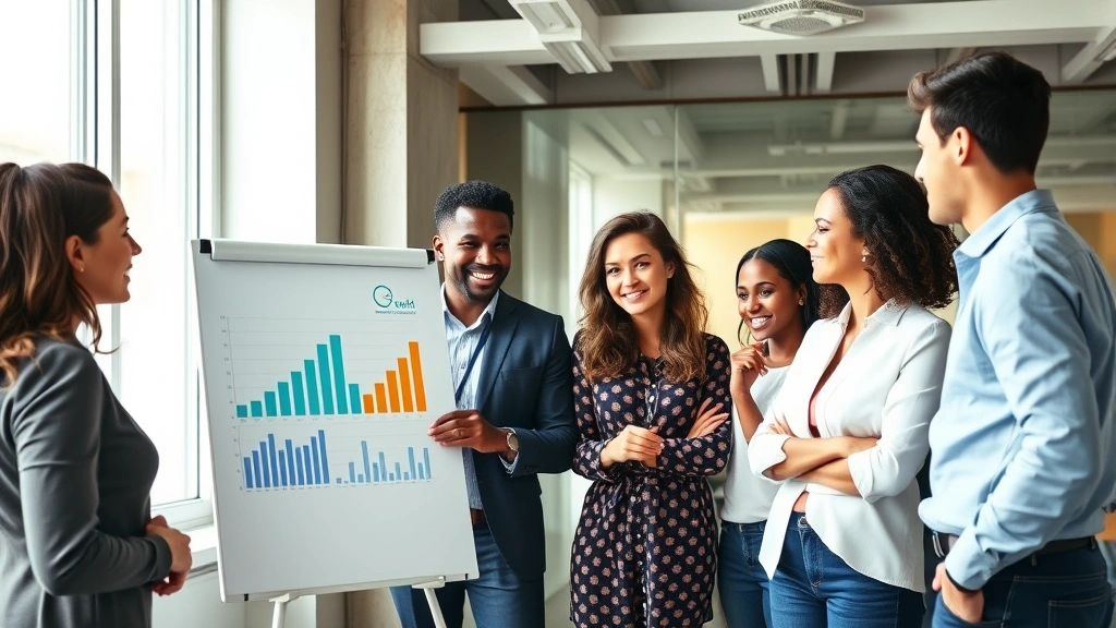 Diverse professional team collaborating at whiteboard with growth charts, discussing strategy, natural office lighting, positive body language, progress graphs visible, modern workspace