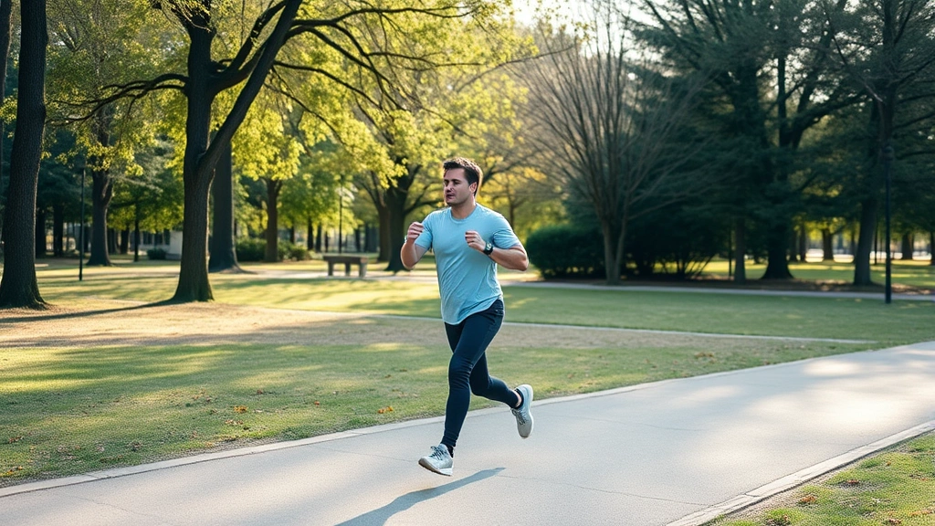 Individual at outdoor park doing consistent exercise routine, steady pace, morning or afternoon light, natural surroundings, determined but sustainable effort, healthy lifestyle demonstration