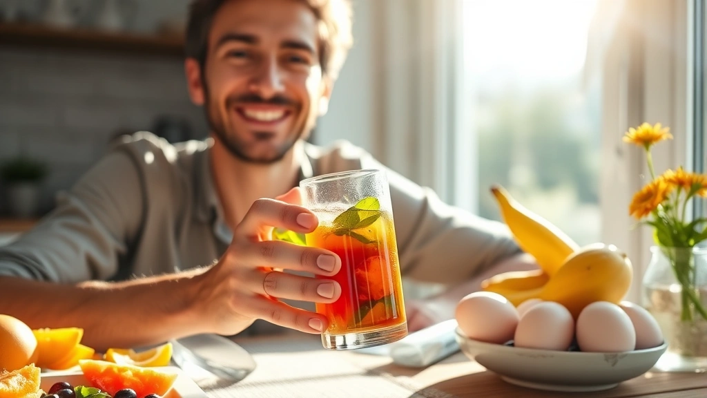 Person holding glass of liquid multivitamin supplement in bright morning sunlight, healthy smile, sitting at breakfast table with fresh fruit and eggs visible