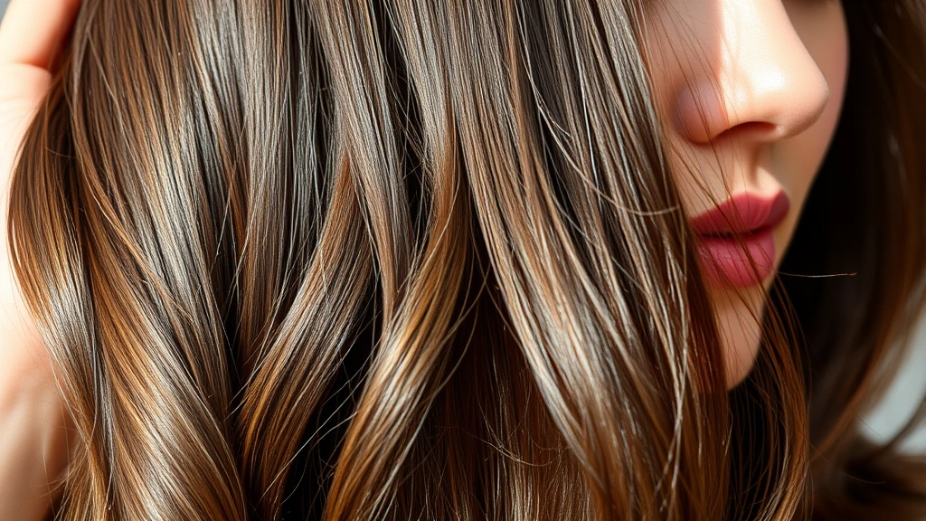 Close-up of healthy shiny hair strands in natural light, showing texture and volume, person touching their hair with confident expression