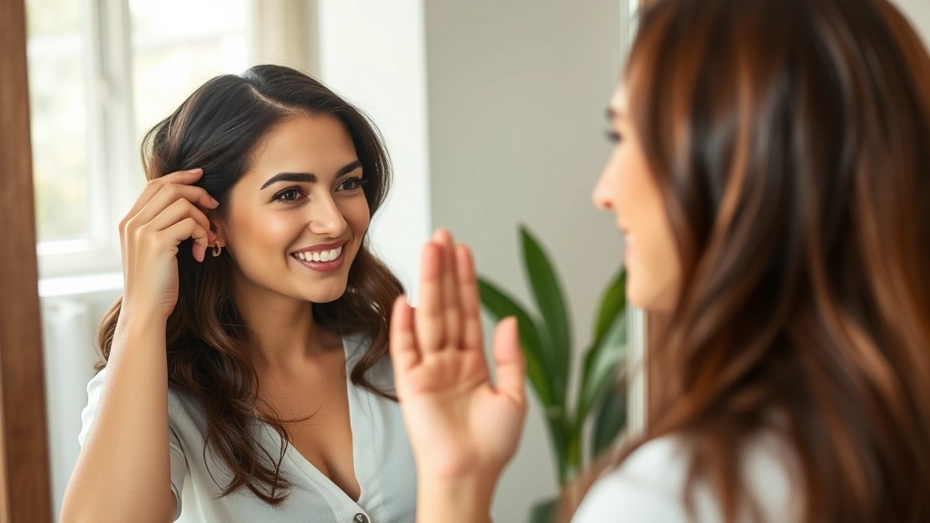 Woman checking hair growth progress in mirror with satisfied expression, natural lighting, demonstrating thickness and vitality of healthy hair