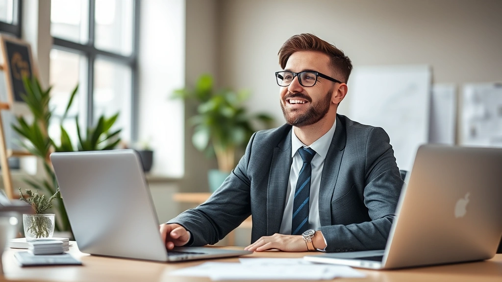 Determined professional in modern workspace experiencing breakthrough moment of clarity, confident expression, natural lighting from window, papers and laptop visible but blurred, embodying peak performance and growth momentum