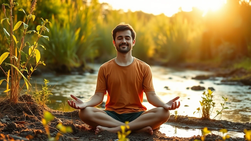 Person meditating in serene natural environment surrounded by growth elements like plants and water, peaceful expression, golden hour lighting, representing optimal conditions and resource management for personal development