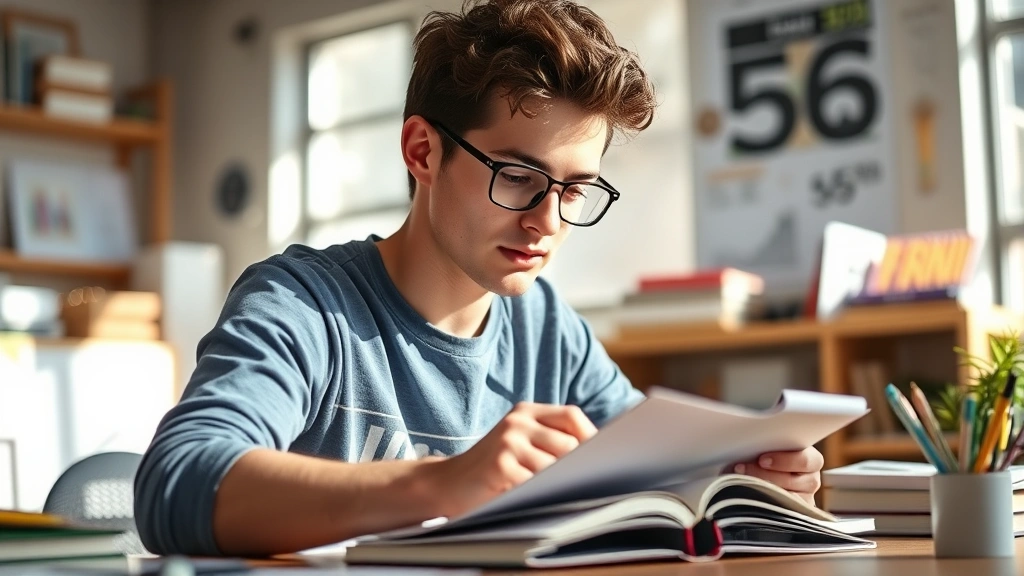 Young adult enthusiastically taking notes during intense learning session, focused expression, organized workspace with growth-related materials, natural sunlight, capturing the energy and momentum of log phase acceleration