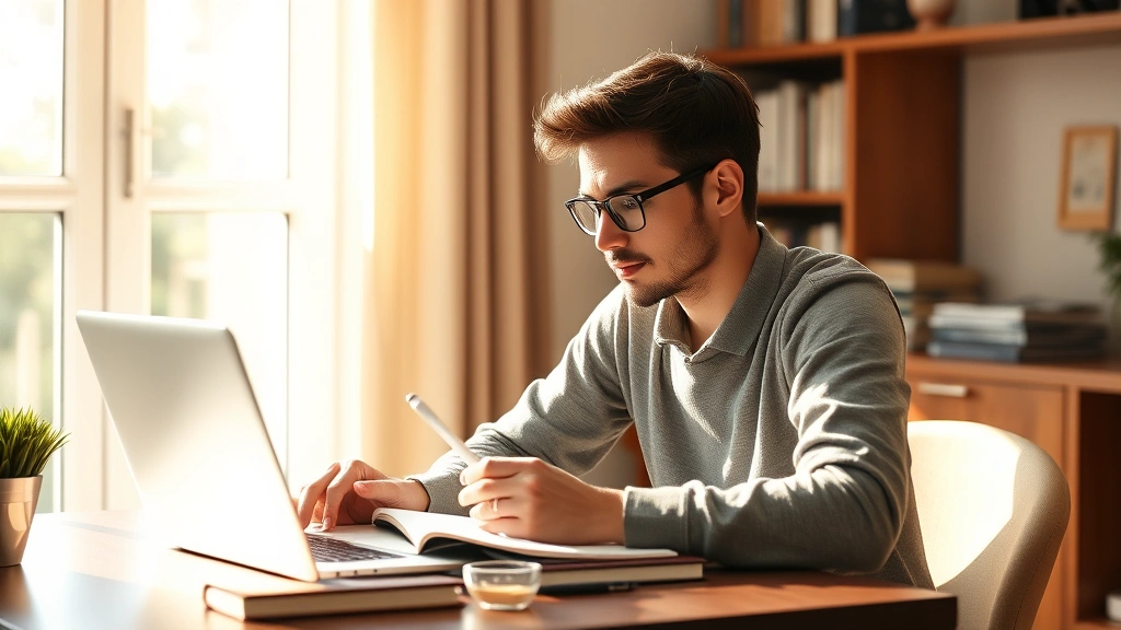 Person sitting at desk with laptop, studying intently with notebook and coffee, morning sunlight streaming through window, focused expression showing deep concentration and learning engagement