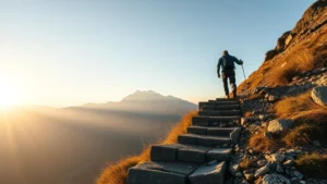 Person climbing a steep mountain path with determination, early morning light, representing the exponential growth phase of the logistic curve, photorealistic, outdoor setting