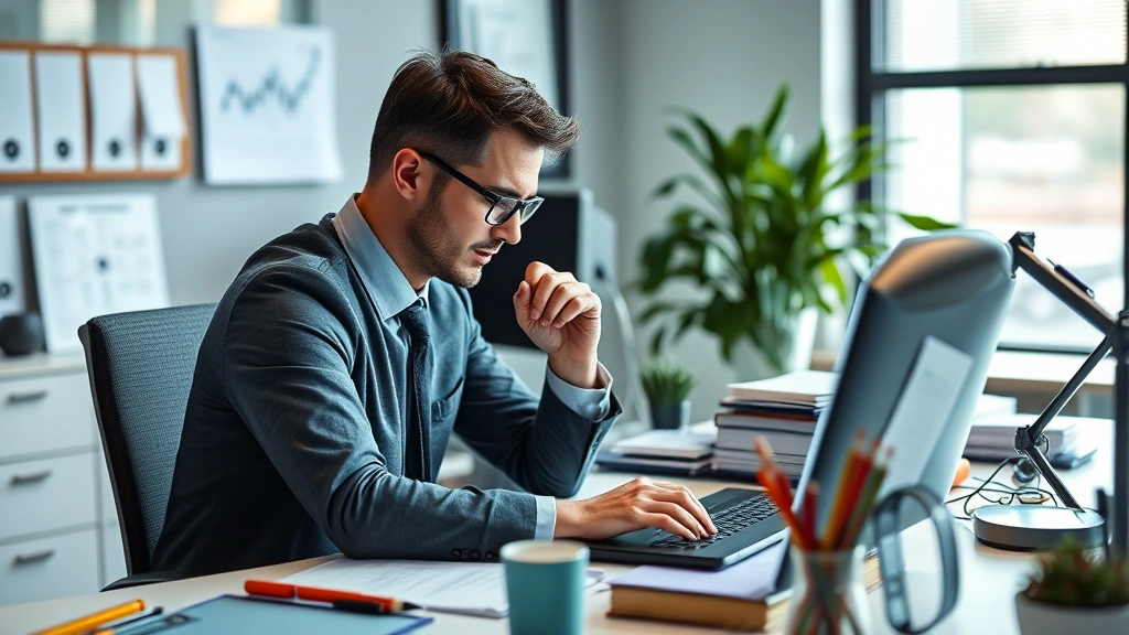 Professional in focused deep work at desk with multiple resources around them, representing the deceleration phase where effort increases but visible progress slows, photorealistic, modern office