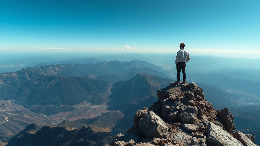 Individual at the peak of a mountain overlooking vast landscape, representing capacity expansion and breaking through plateaus to reach new heights, photorealistic, inspiring vista