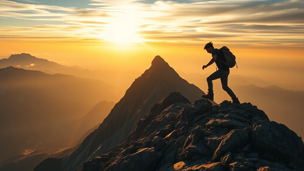 Person climbing mountain with plateau visible ahead, representing logistic growth phases from lag through exponential to plateau, dramatic landscape, golden hour lighting, determined expression, hiking boots on rocky terrain