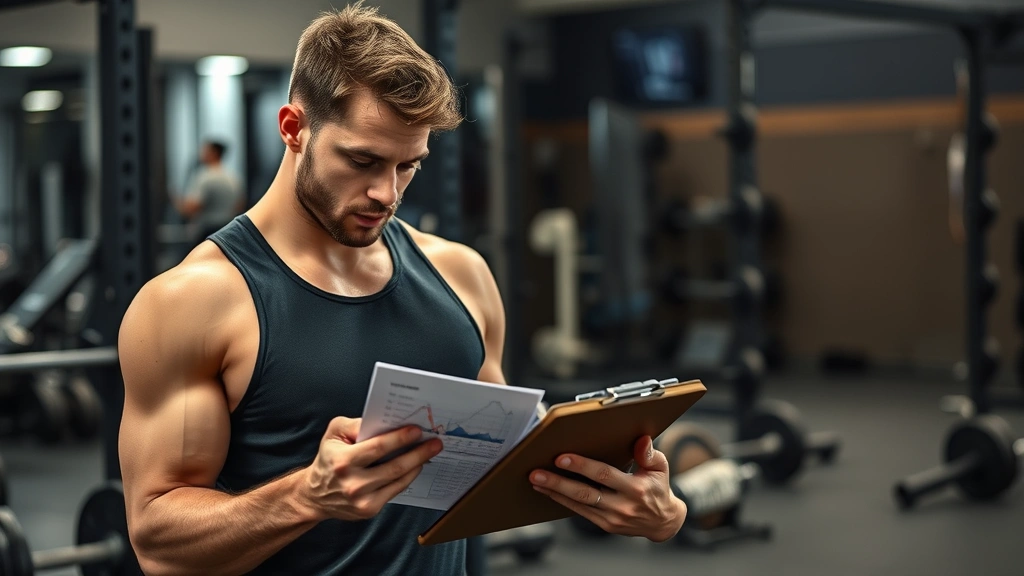 Athlete at training plateau, focused expression, reviewing performance metrics on clipboard, gym environment with weights and equipment, moment of strategic reflection, representing transition from exponential gains to optimization phase