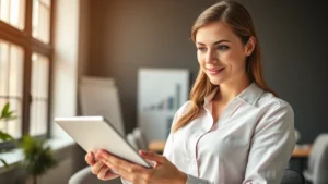 Professional woman analyzing growth charts on digital tablet, confident expression, modern minimalist office setting, warm natural lighting, focused determination visible