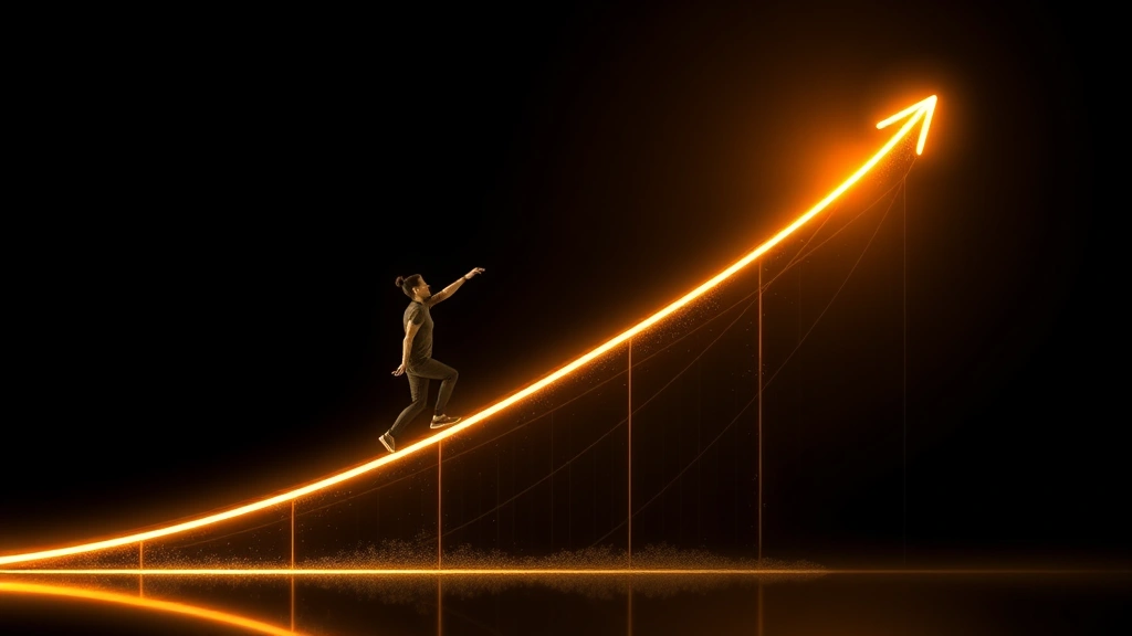 Person climbing upward on illuminated S-curve graph visualization, determined posture, representing progress through growth phases, abstract yet photorealistic style