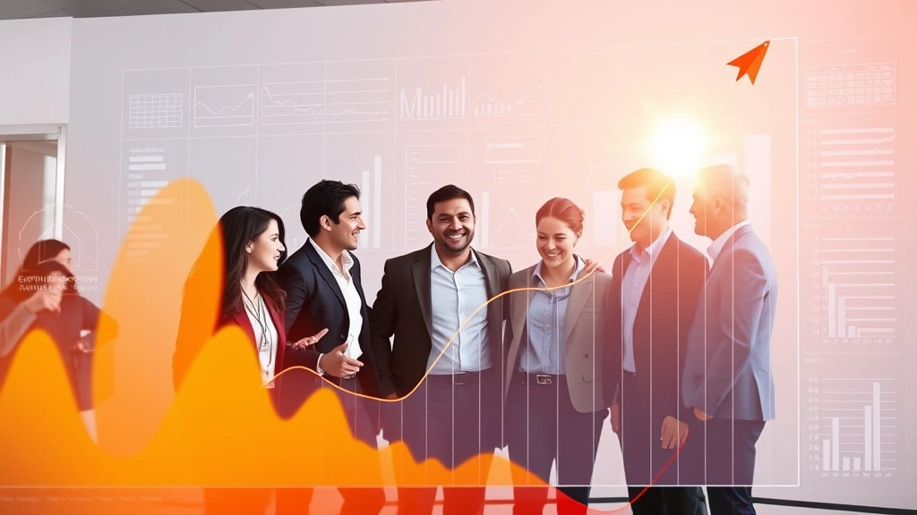 Diverse group of professionals collaborating around data visualization showing exponential growth curves, positive energy, representing team acceleration and breakthrough moments