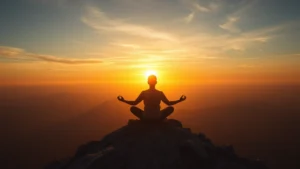 Person meditating peacefully on mountain peak at sunrise, looking serene and focused, golden light illuminating calm expression, representing mastery and plateau achievement, photorealistic