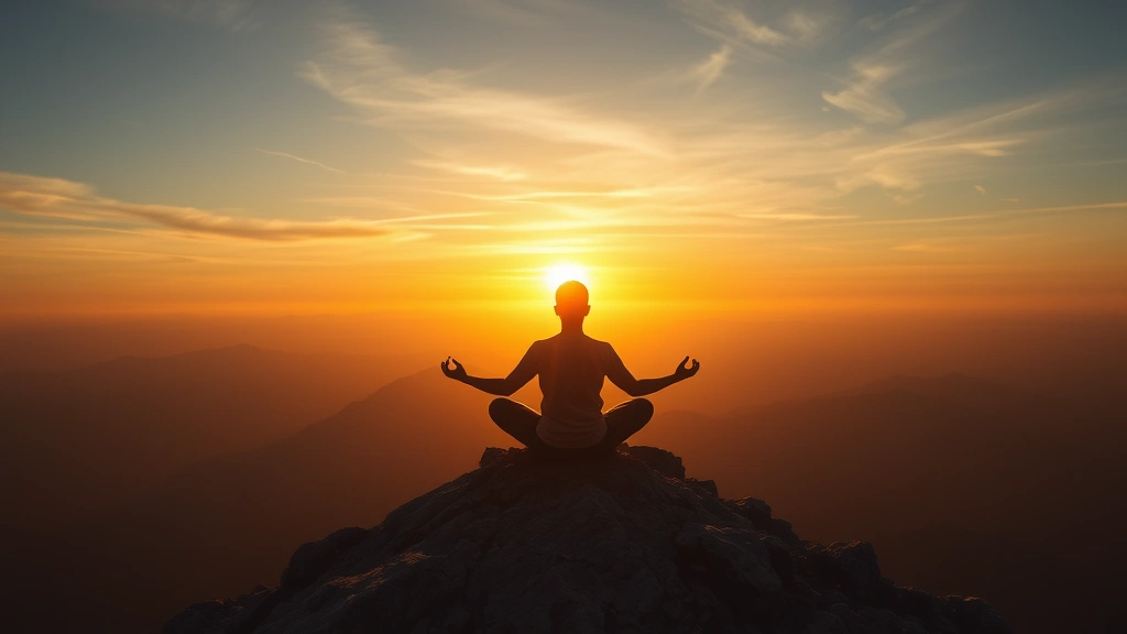 Person meditating peacefully on mountain peak at sunrise, looking serene and focused, golden light illuminating calm expression, representing mastery and plateau achievement, photorealistic