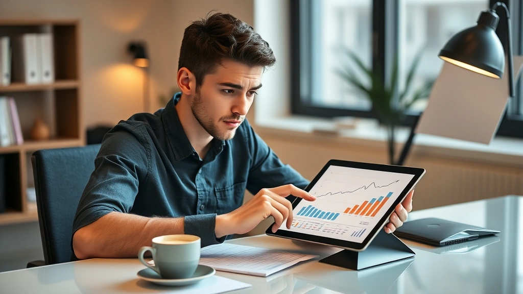 Young professional reviewing growth charts and data on tablet while sitting at modern desk with coffee, determined expression, natural office lighting, representing strategic planning and exponential phase