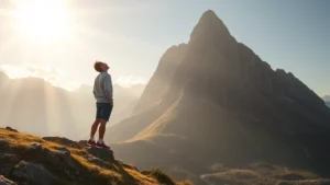 Person at base of mountain looking upward with determination, morning sunlight, inspiring landscape, growth symbolism, photorealistic, no text