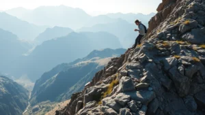 A person climbing a steep mountain path that gradually levels off at the summit, representing the S-curve of logistic growth with determination and achievement in natural daylight