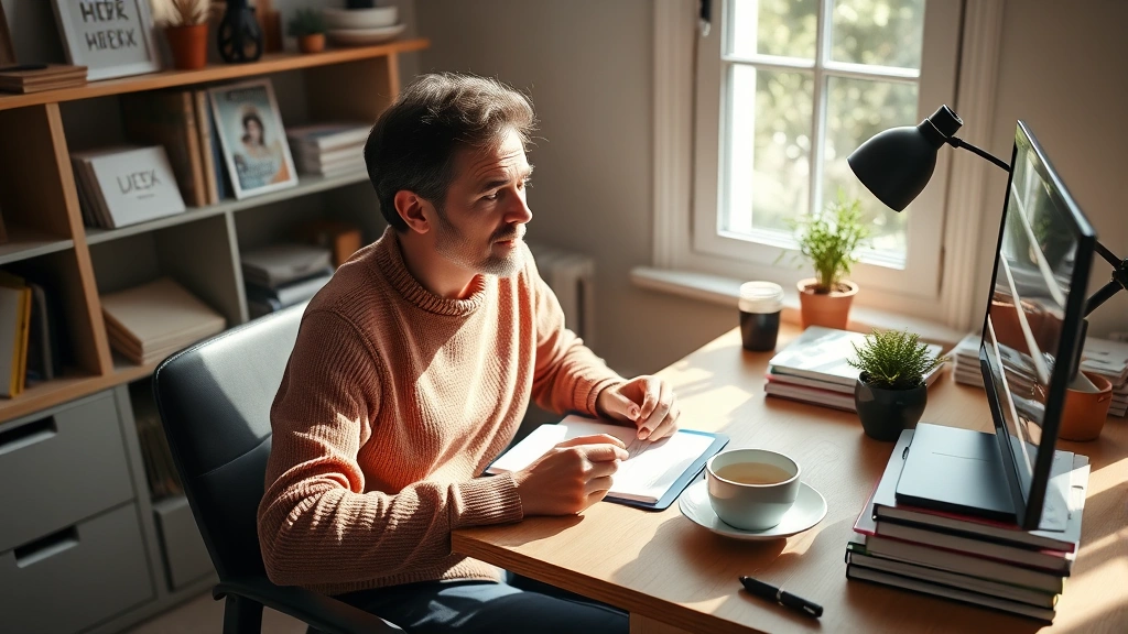 Person sitting at organized desk with planner and coffee, morning light streaming through window, focused expression, natural workspace setup, productivity mindset visual